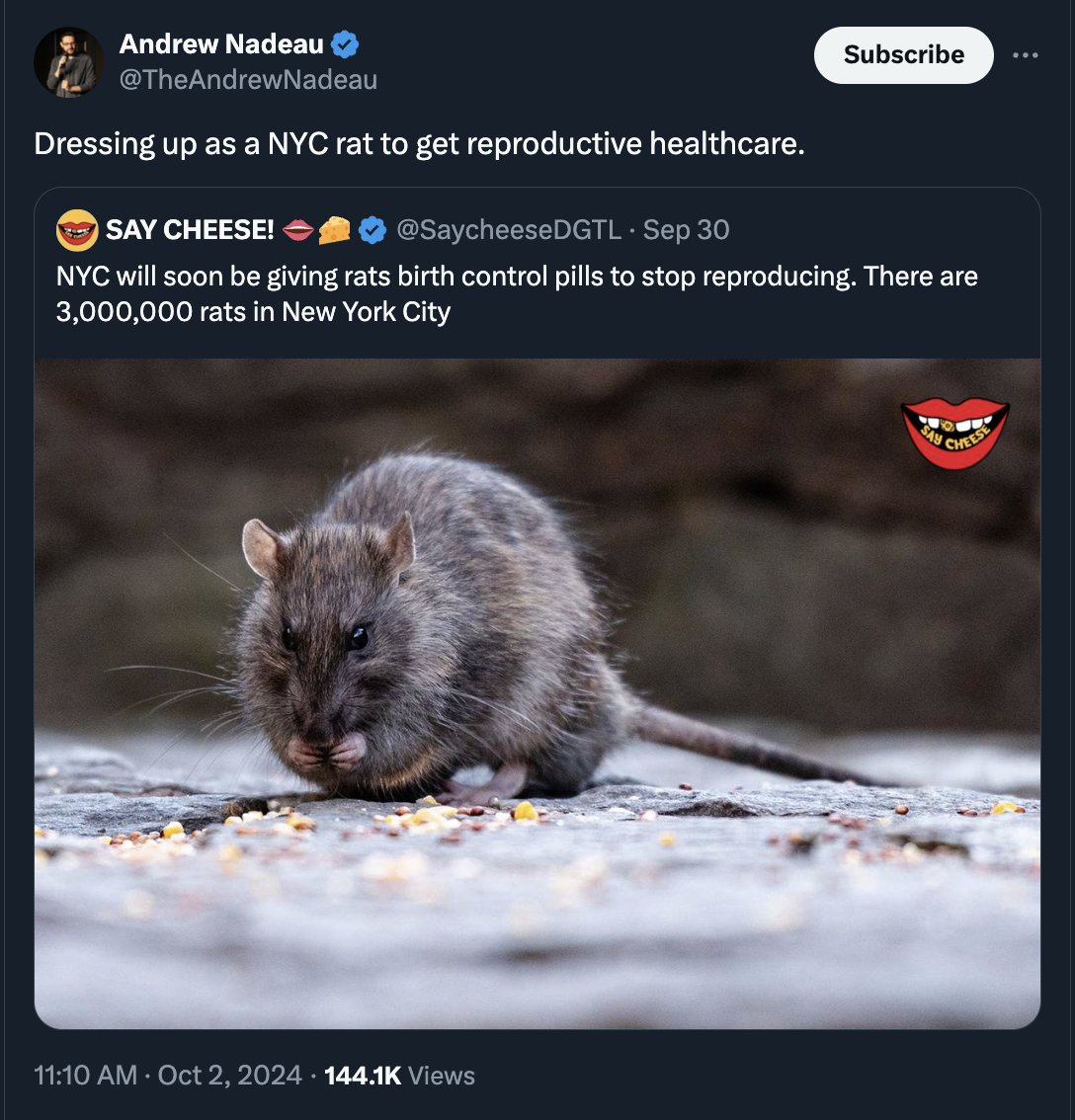 find rats in nyc - Andrew Nadeau Dressing up as a Nyc rat to get reproductive healthcare. Say Cheese! Sep 30 Subscribe Nyc will soon be giving rats birth control pills to stop reproducing. There are 3,000,000 rats in New York City Views